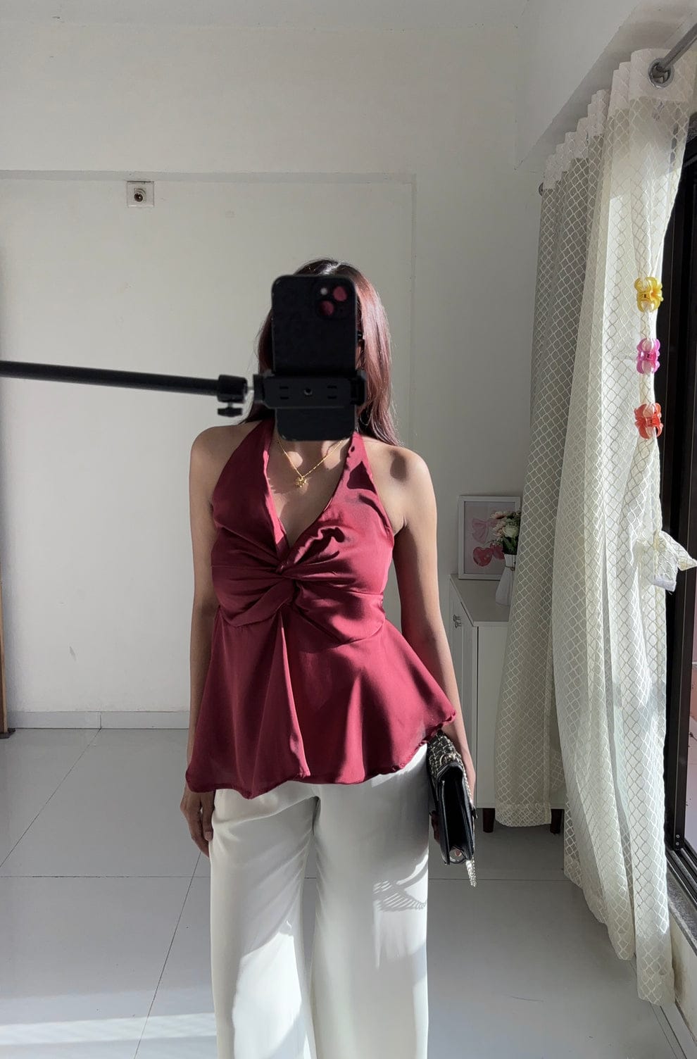 Wine Satin Halter Neck Top