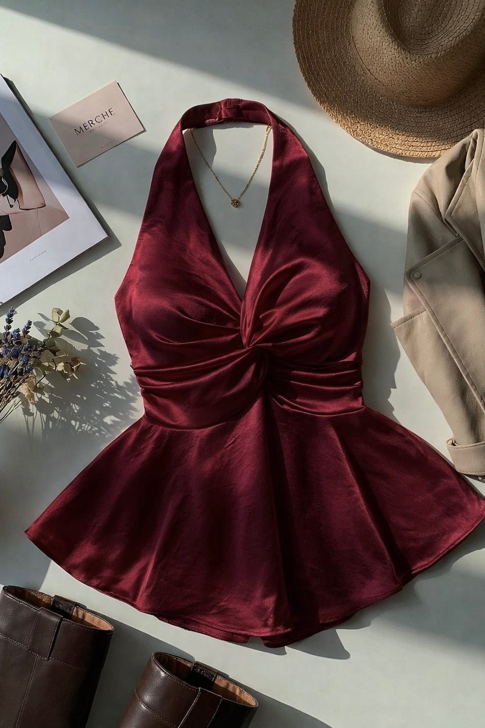 Wine Satin Halter Neck Top