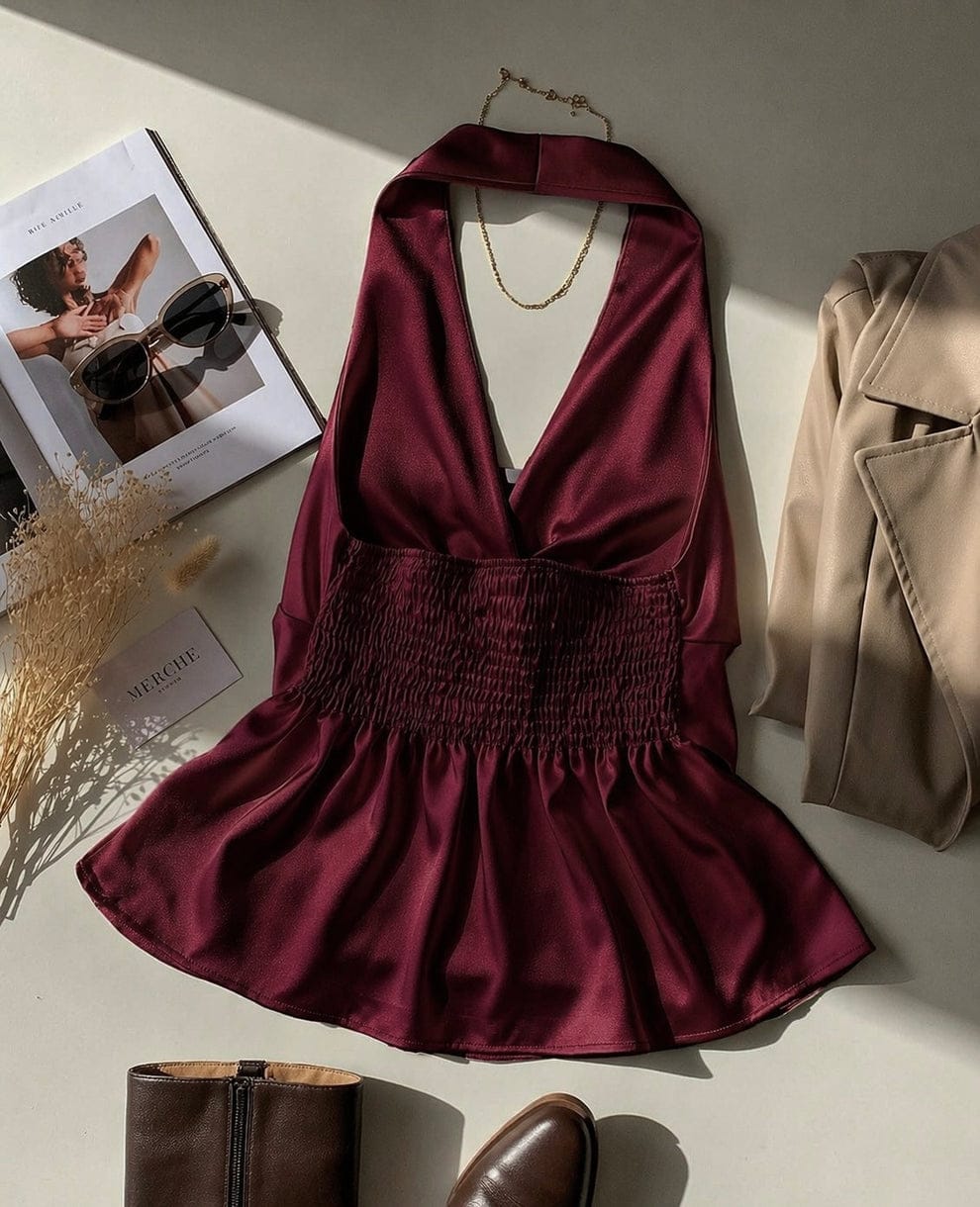 Wine Satin Halter Neck Top