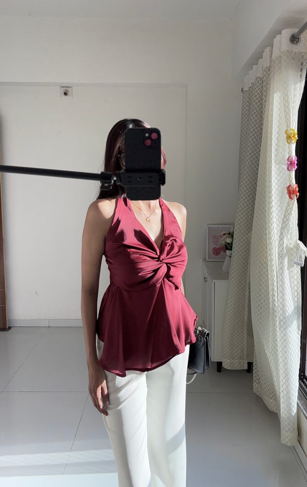 Wine Satin Halter Neck Top