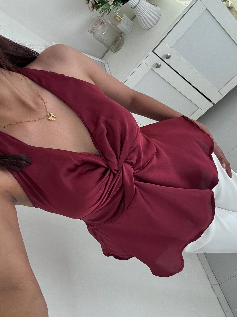 Wine Satin Halter Neck Top