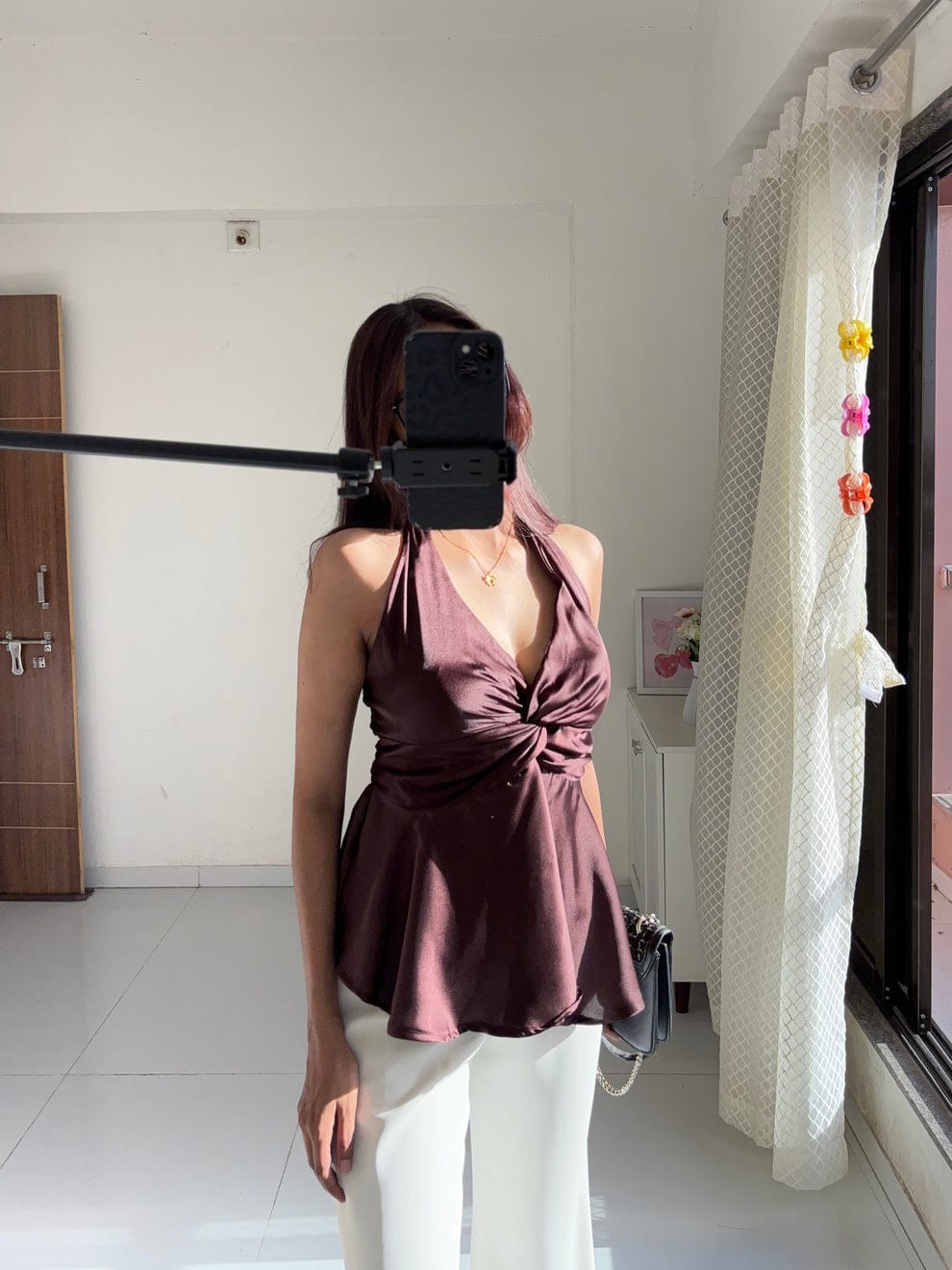 Choco Brown Satin Halter Neck Top