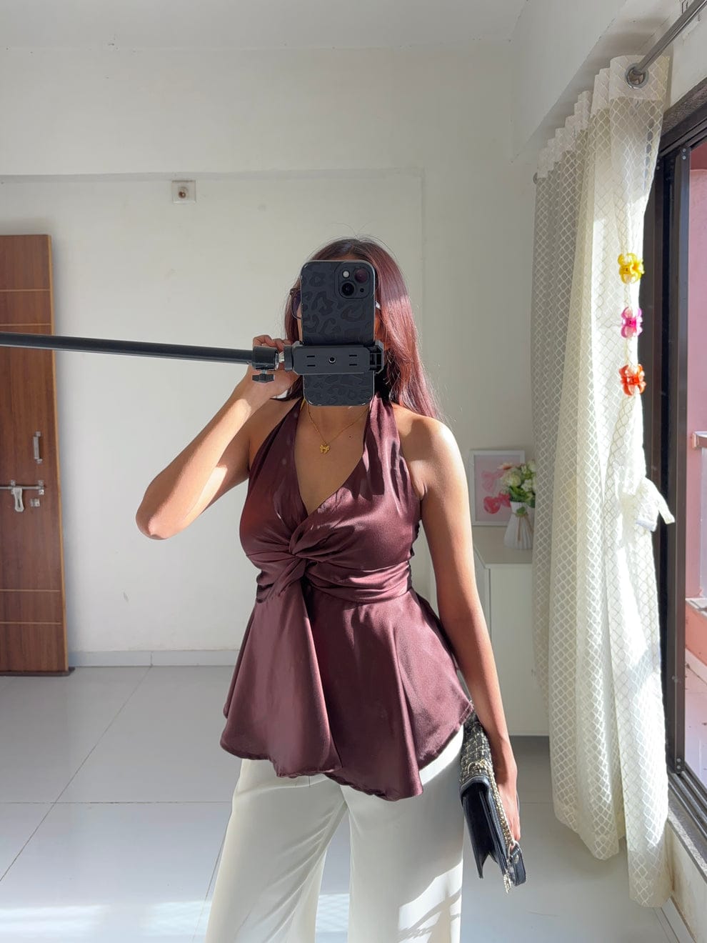 Choco Brown Satin Halter Neck Top