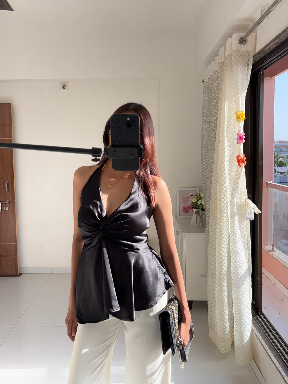 Black Satin Halter Neck Top