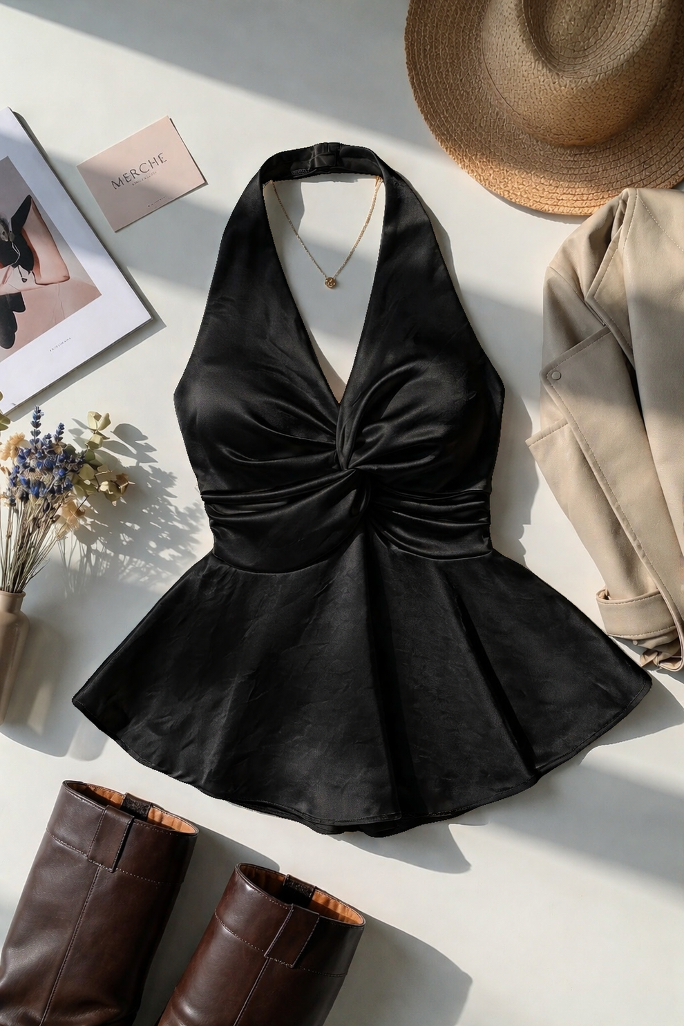 Black Satin Halter Neck Top