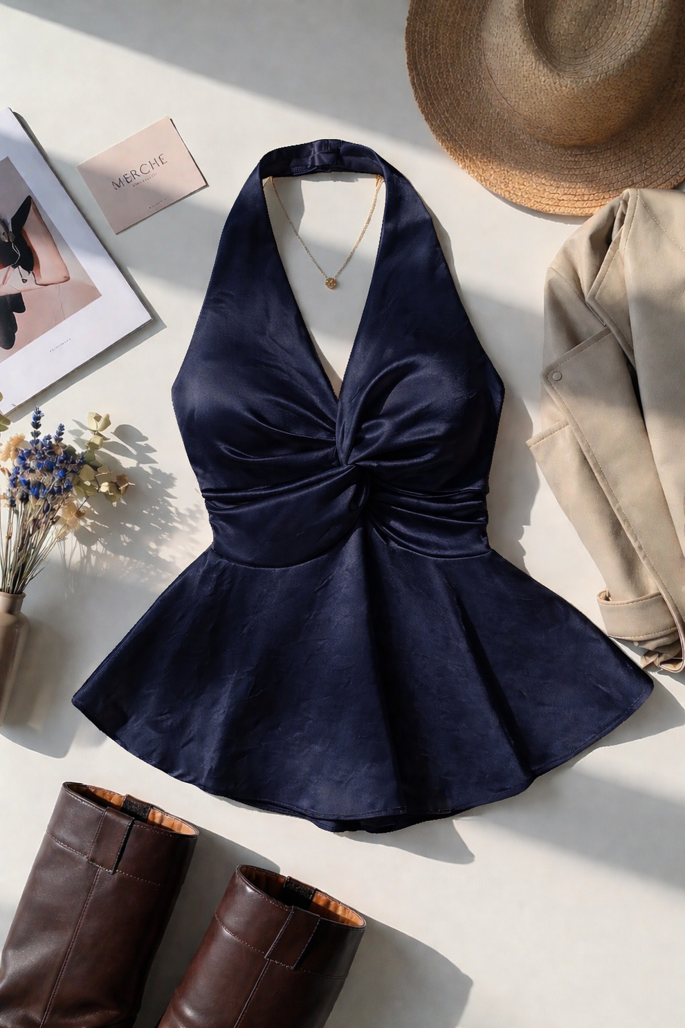 Navy Blue Satin Halter Neck Top