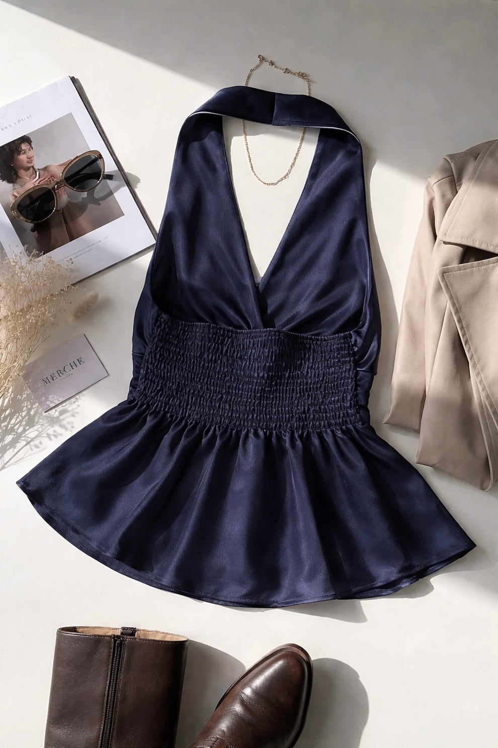 Navy Blue Satin Halter Neck Top