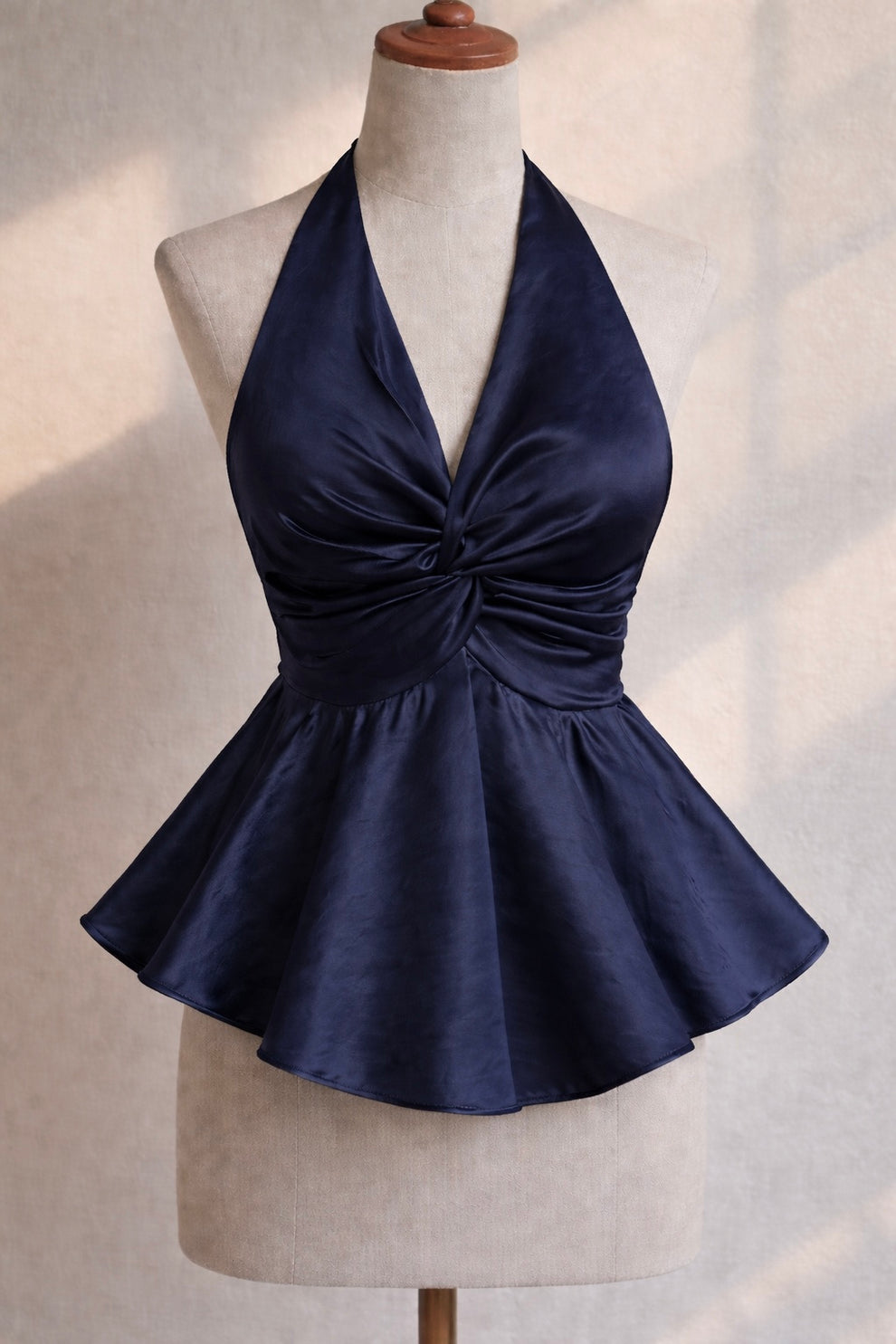 Navy Blue Satin Halter Neck Top