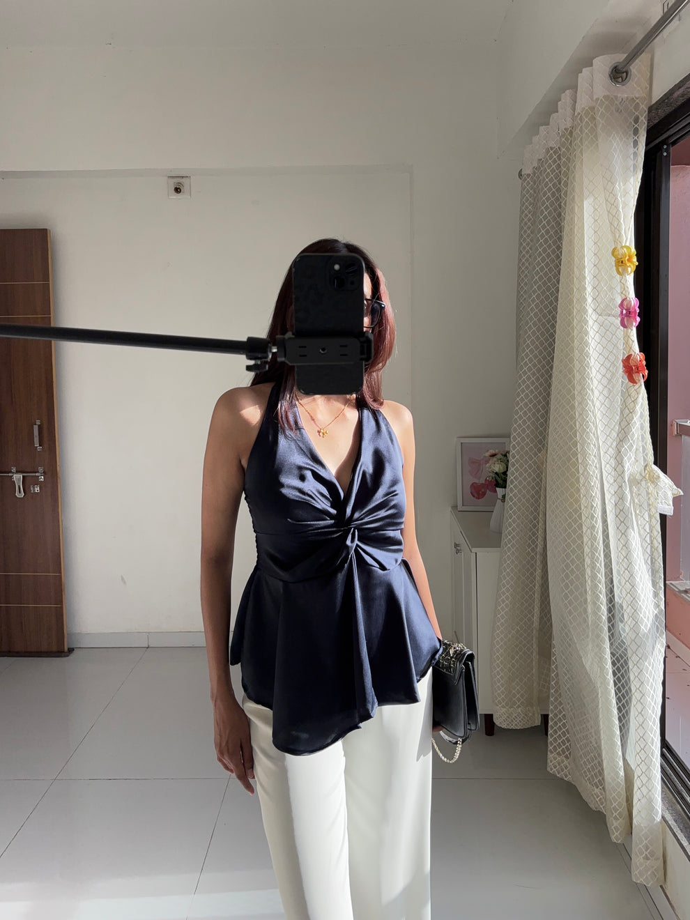 Navy Blue Satin Halter Neck Top