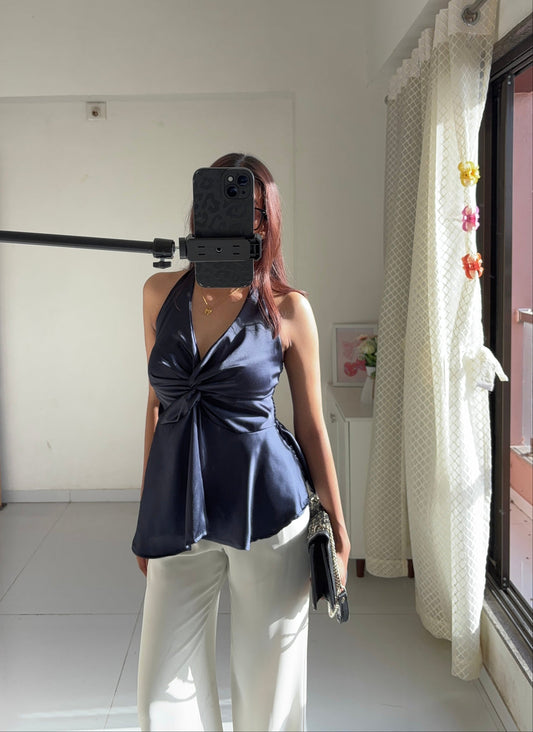 Navy Blue Satin Halter Neck Top