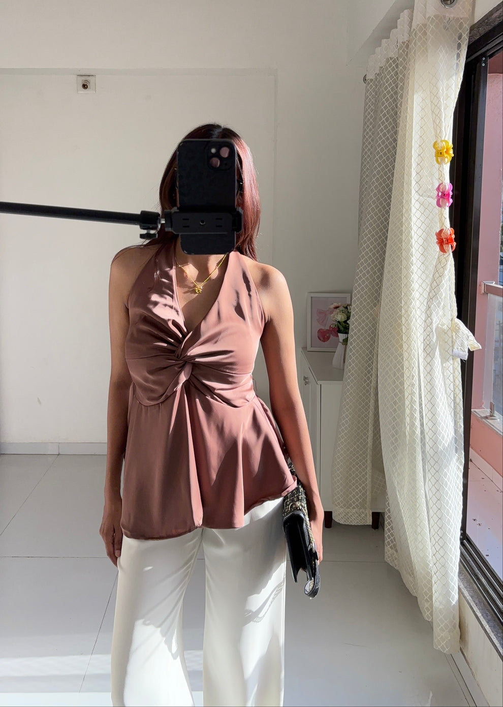 Mocha Brown Satin Halter Neck Top