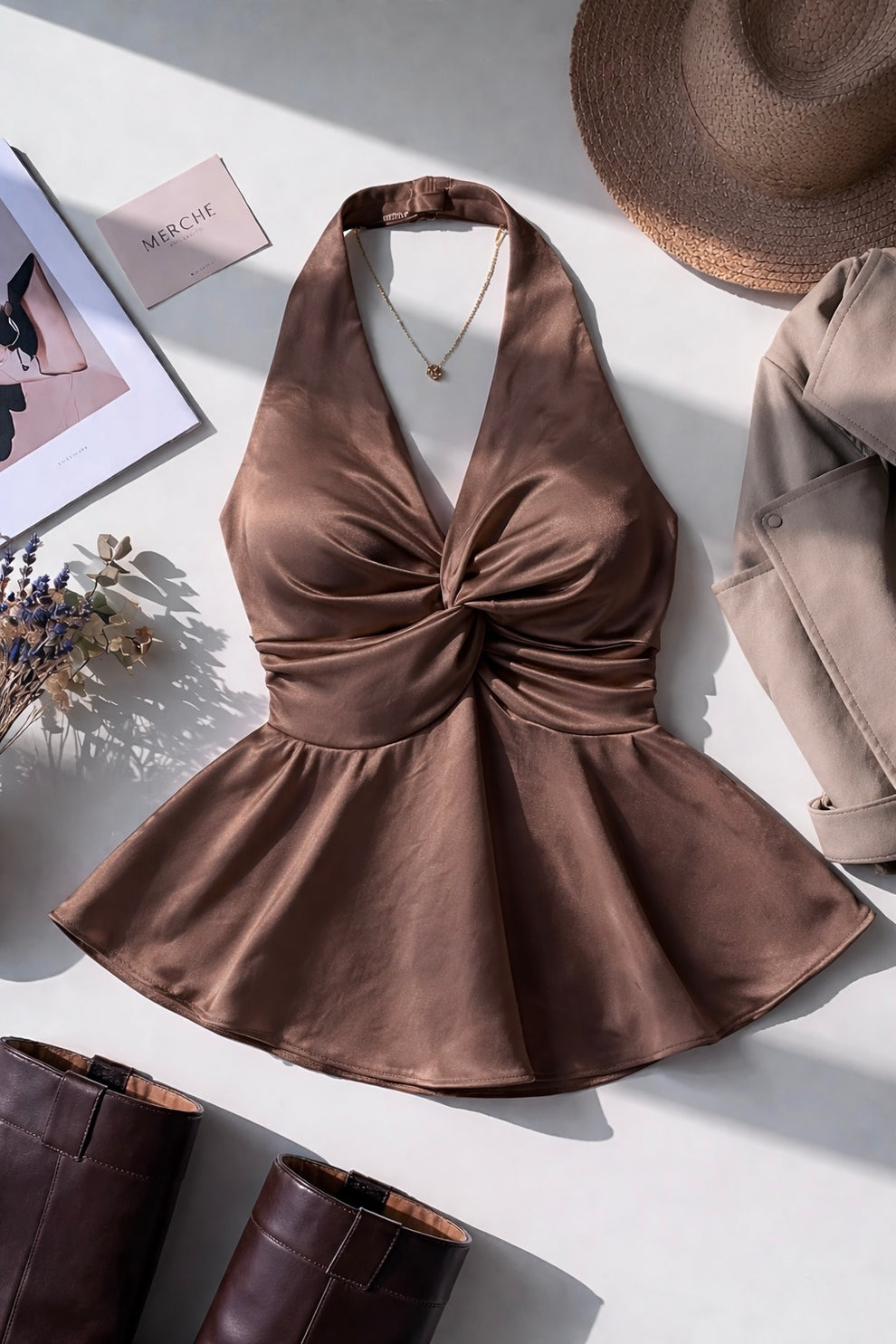 Mocha Brown Satin Halter Neck Top