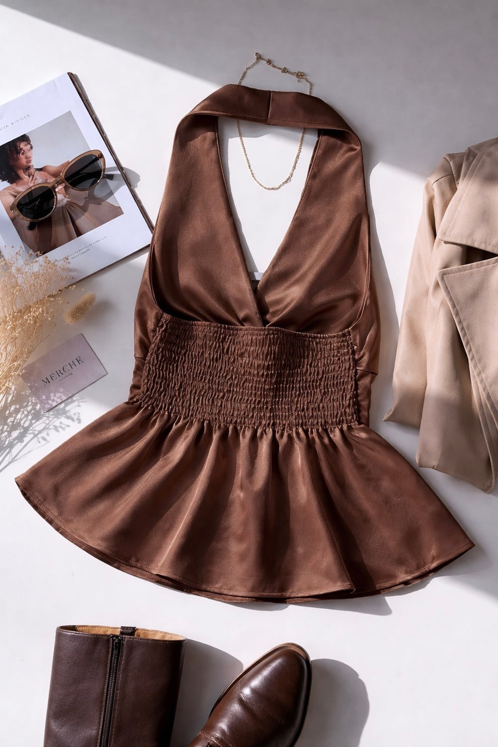 Mocha Brown Satin Halter Neck Top